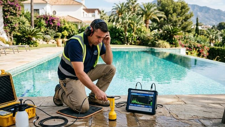 Técnico inspeccionando piscina en busca de fugas con equipo geófono