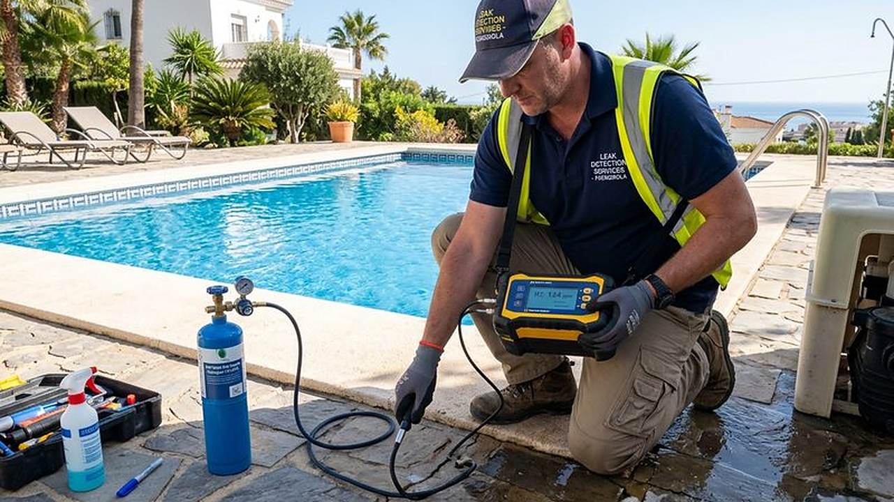 Técnico localizando una fuga enterrada con gas trazador junto a una piscina