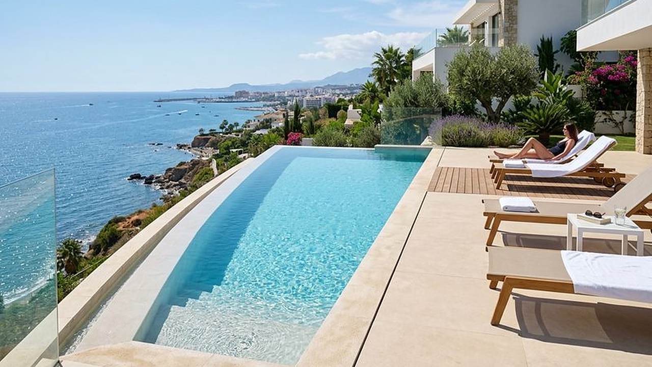 Piscina infinity con vistas al mar en una villa de Estepona