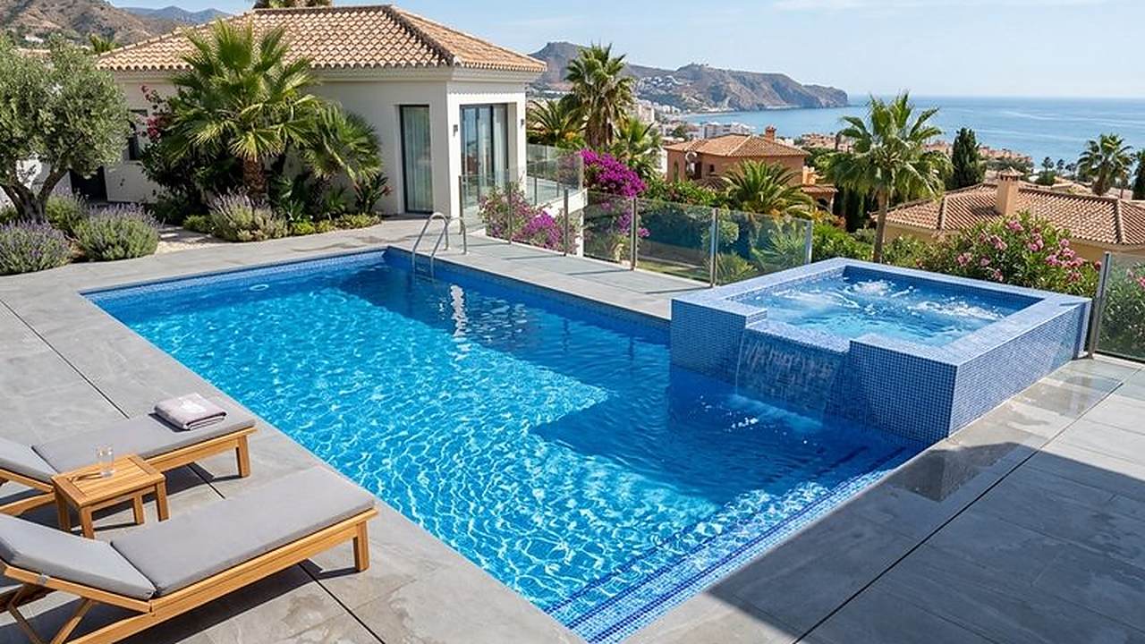 Piscina con spa integrado y vistas al mar en Benalmádena