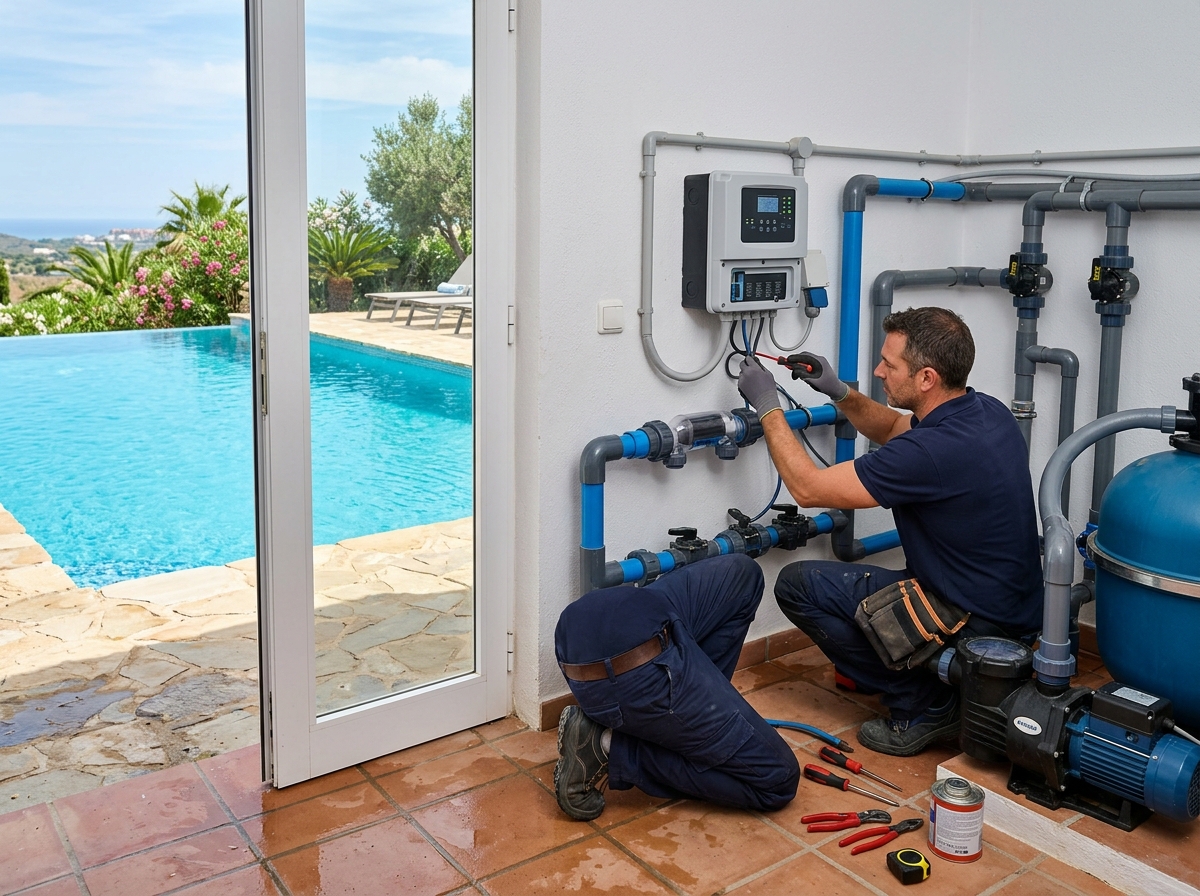 Dos técnicos instalando sistema de cloración salina con cuadro de control electrónico inteligente en cuarto de máquinas de piscina en Estepona, Málaga