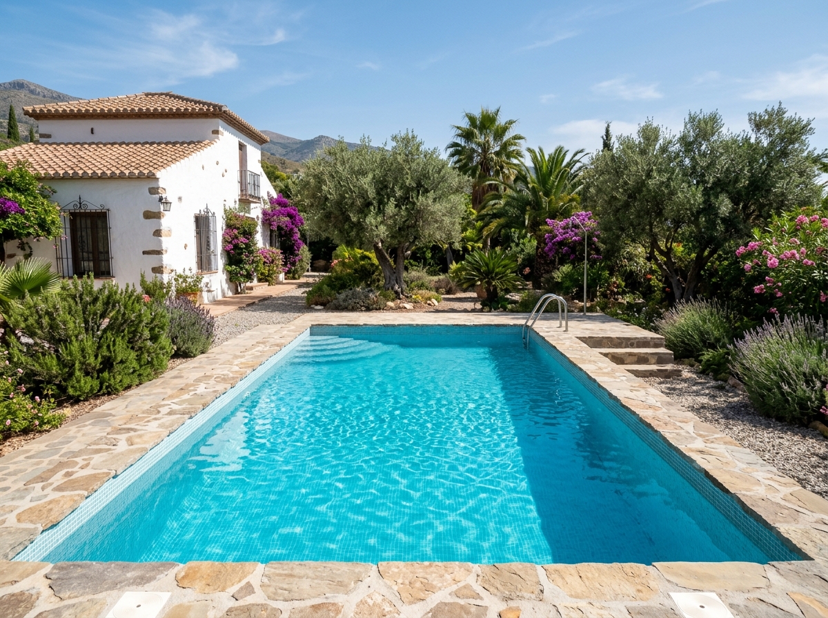Piscina de obra terminada con gresite azul, coronación de piedra y jardín mediterráneo en villa de Marbella