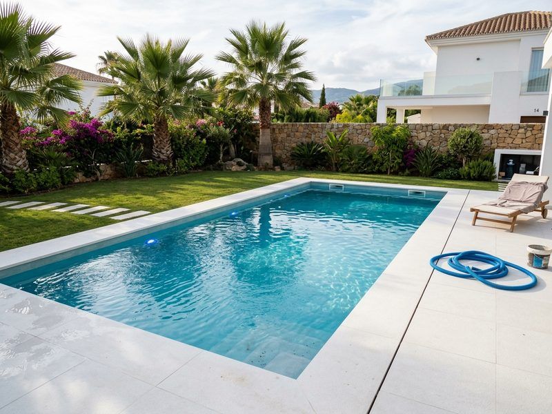 Piscina de hormigón gunitado 10×5m con acabado microcemento aqua en Fuengirola