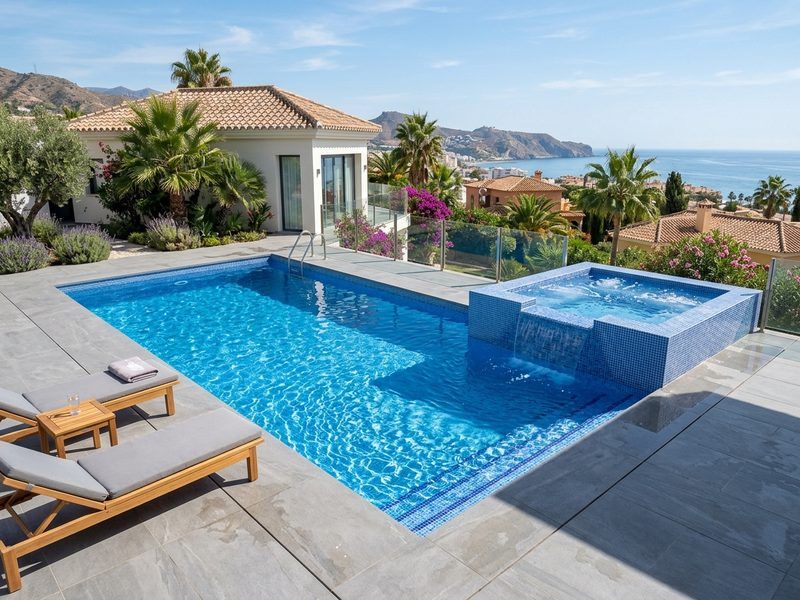 Piscina de obra 7×3.5m con spa jacuzzi integrado en Benalmádena