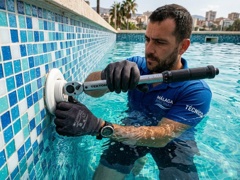 Sustitución de boquilla de impulsión y pasamuros en piscina de Málaga