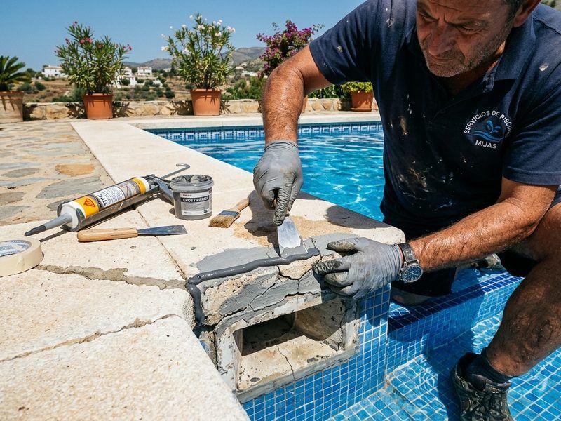 Reconstrucción y sellado de skimmer roto en piscina de Mijas