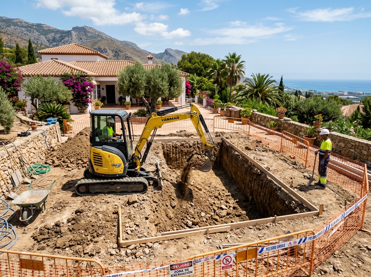 Miniexcavadora excavando el vaso de una piscina de obra en jardín de villa andaluza en Málaga con vistas al mar
