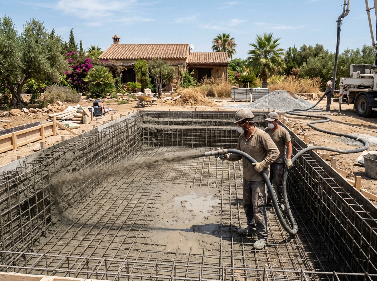 Operarios proyectando hormigón gunitado sobre armadura de acero en piscina de obra en Málaga