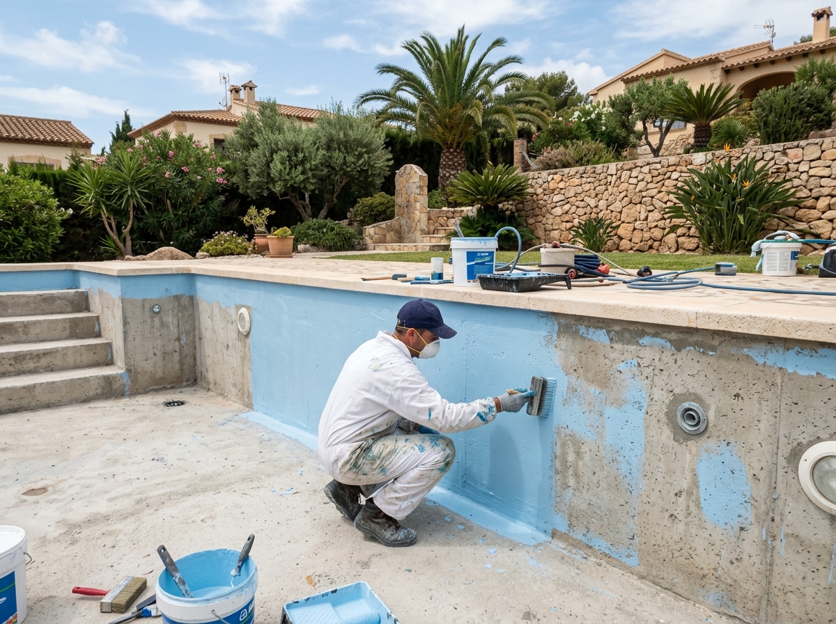Técnico aplicando impermeabilizante con rodillo en el interior de piscina vaciada en Málaga