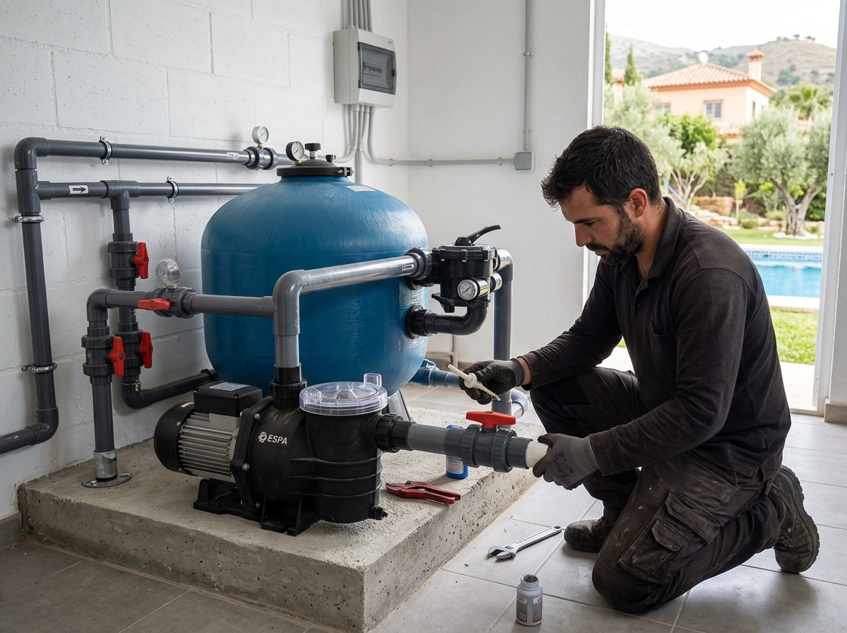 Técnico instalando depuradora completa con bomba y filtro de arena en cuarto de máquinas de piscina en Marbella