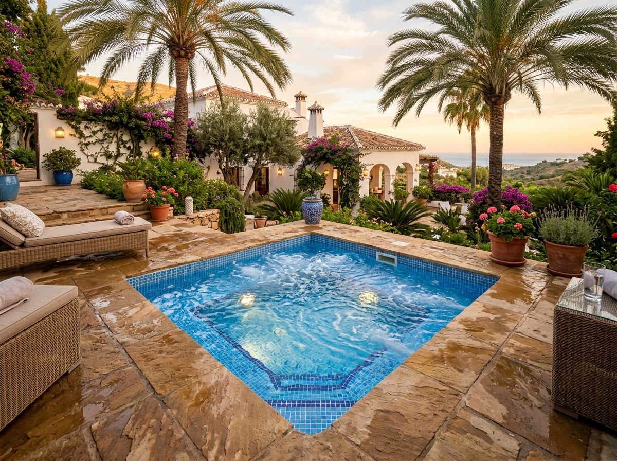 Jacuzzi exterior de obra con gresite azul, jets y luces LED integrado en terraza con jardín mediterráneo en Benalmádena