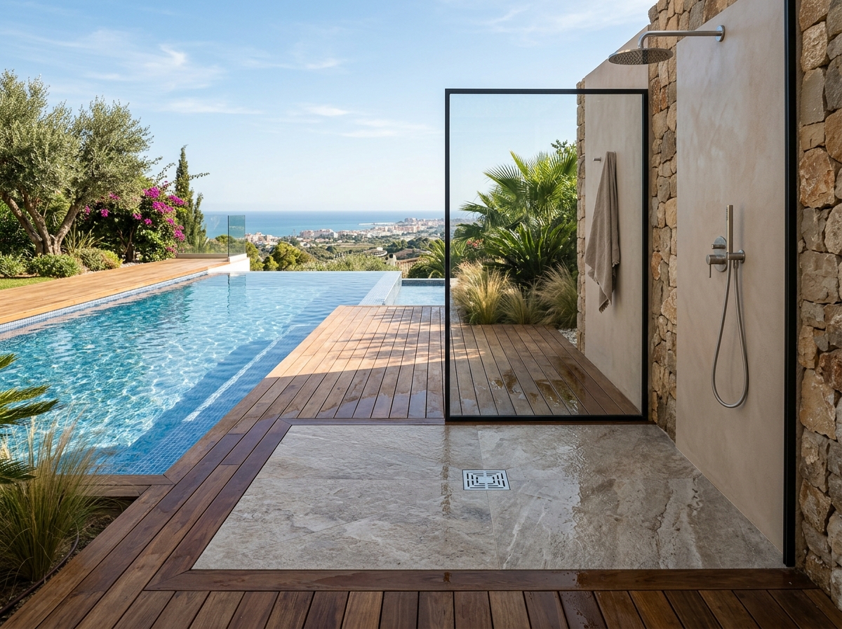 Plato de ducha exterior de obra con porcelánico de gran formato instalado junto a piscina infinity en Málaga
